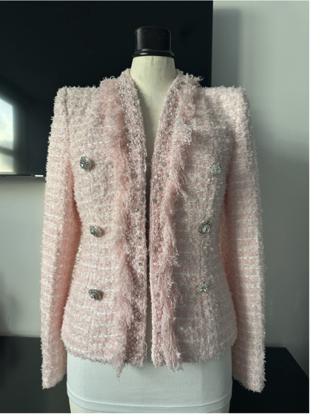 Women's Pink Tweed Jacket Strass &Pearl Size S/M - Picture 1 of 11